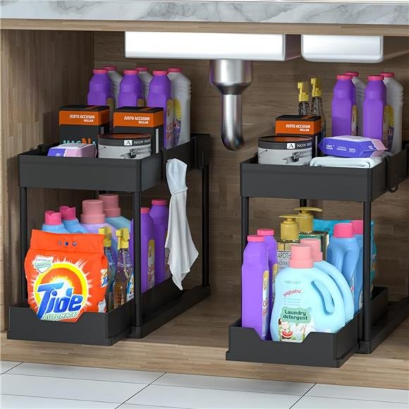 2 Pack Multi-Purpose Under Sink Organizer 2 Tier Sliding Cabinet Basket Drawer - Picture 1 of 6